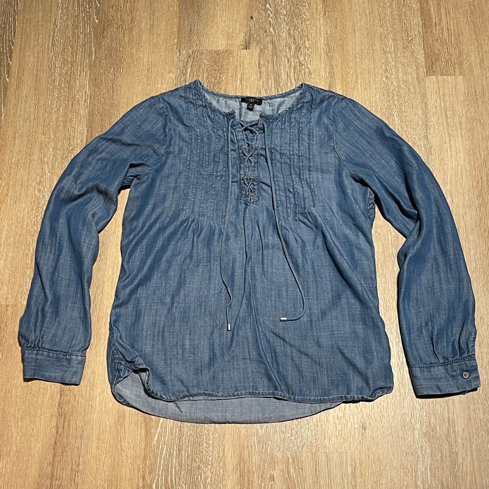 Talbots Petites Chambray‎ Tencel Lyocell Lace Up Blouse Top Lightweight Blue EUC